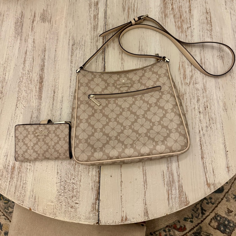 Kate Spade Cream Floral Signature Crossbody with Gold Hardware & matching wallet
